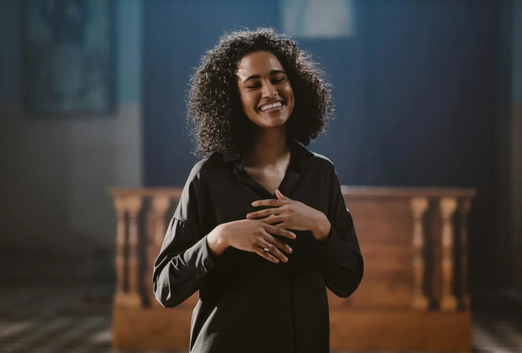 Happy woman in church